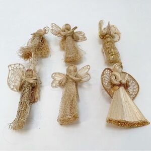 Vintage Corn Husk Dolls Angels Set of 6 Christmas Raffia